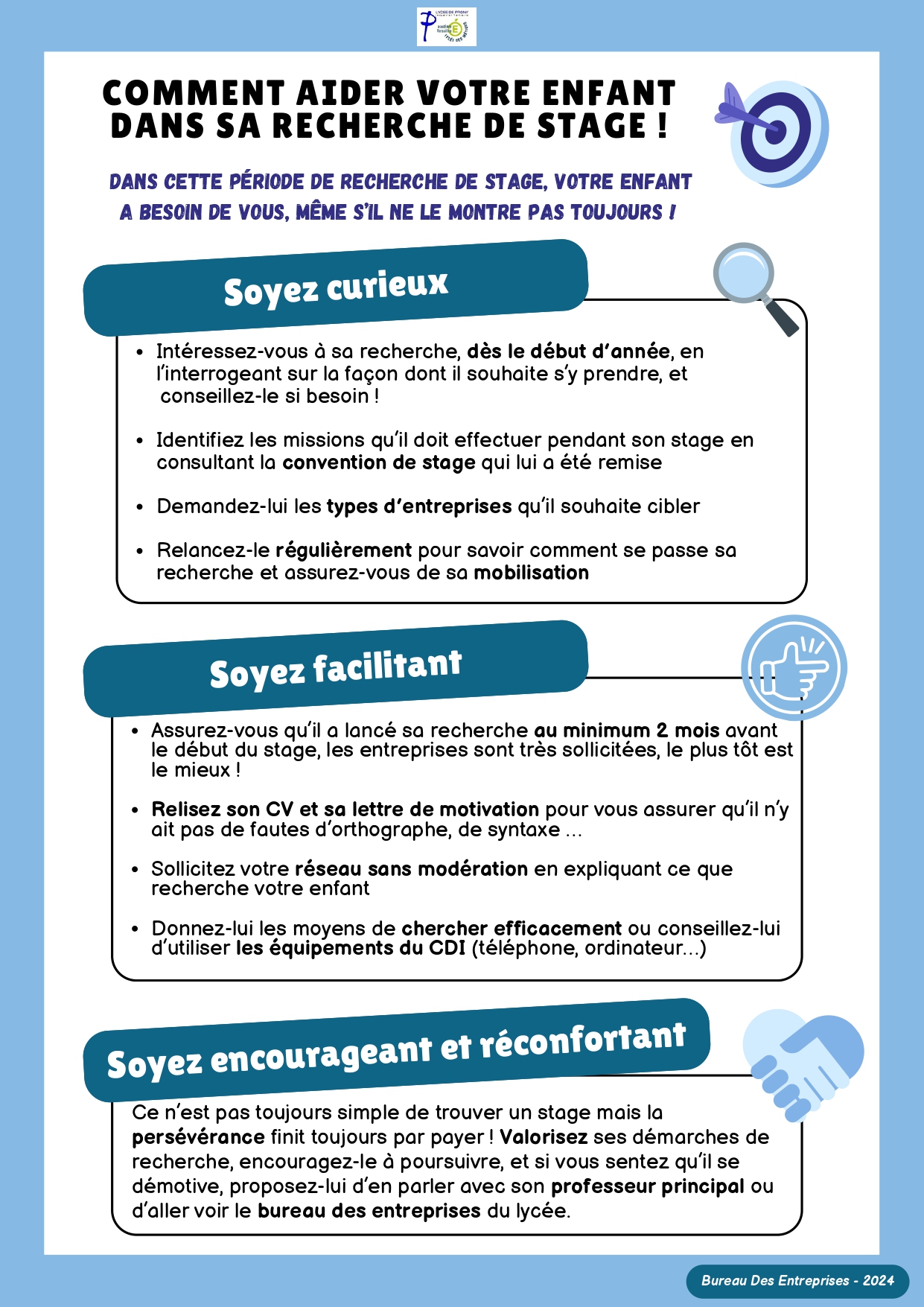 Ce visuel montre une infographie intitulée "Comment aider mon enfant dans sa recherche de stage". Elle liste 3 grands conseils : Soyez curieux, soyez facilitant et soyez encourageant.