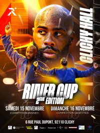 Cette affiche fait la promotion de la 2ème édition de la Riner Cup, du samedi 15 au dimanche 16 novembre 2025, au Clichy Hall. Elle représente Teddy Riner, son visage et lui en kimono.