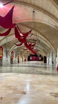 Cette image montre un couloir en pierre de taille, au plafond en ogive décoré de drapés rouges