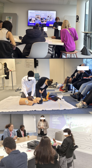 Ce visuel est montage de 3 photos où l'on voit les élèves en atelier assis sur des chaises ou en train de faire un massage cardiaque sur un mannequin