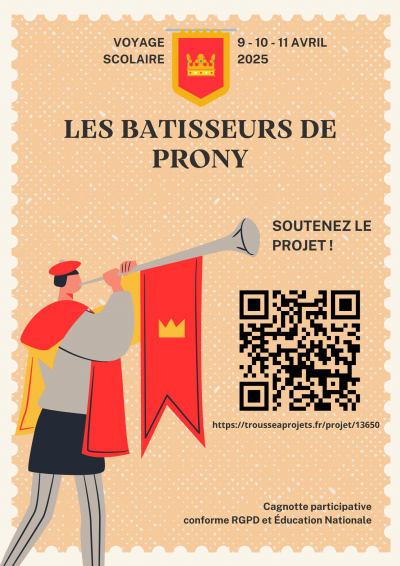Cette image montre un troubadour dont le QR code vers la cagnotte participative de la Trousse à Projet sort de son instrument. Le titre est "les bâtisseurs de Prony", du 9 au 11 avril 2025