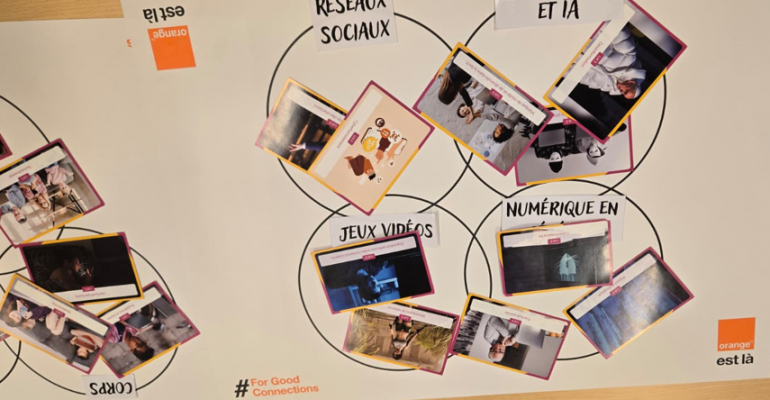 Cette photo montre une partie de la fresque des écrans constituée par les élèves. 4 cercles sont représnetés avec chacun des illustrtaions à l'intérieur : réseaux sociaux, IA, jeux vidéo et numérique. En bas à droite apparait le logo de la société Orange.