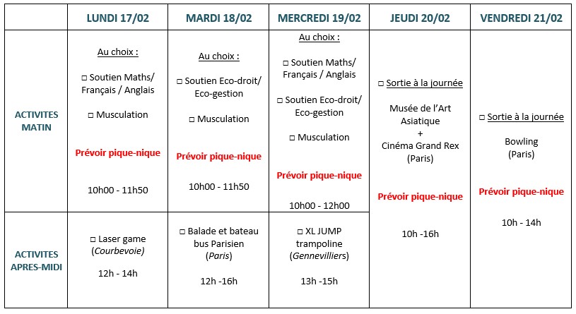 Cette image est un tableau listant les activités proposées pour l'école ouverte de février 2025.